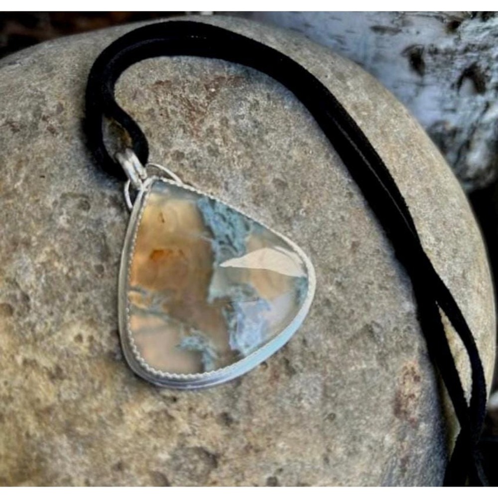 White Horse Moss Agate Pendant | Sterling Silver, Black Suede Cord